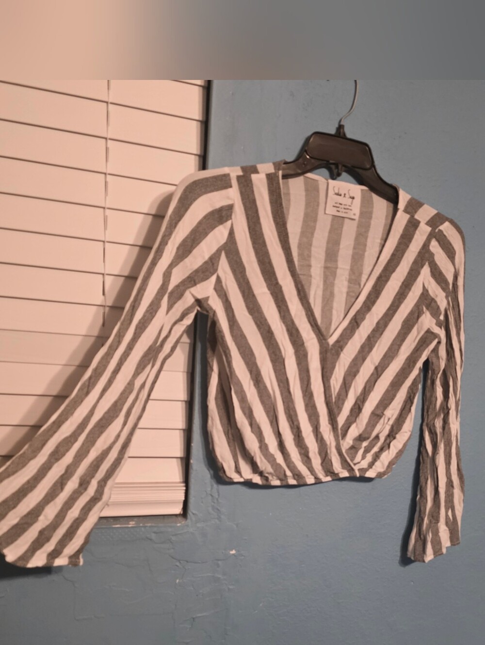 Sadie & Sage Striped Wrap Crop Top - White & Gray Flare Sleeves